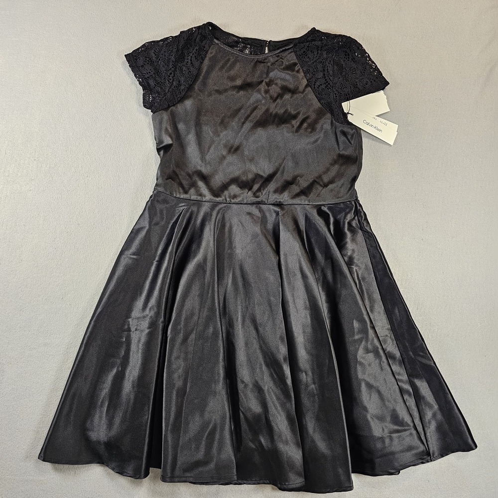 Calvin Klein Girls Size 14 Black Satin Lace Cap Sleeve Fit Flare Party Dress NWT